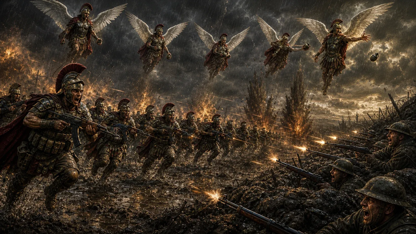 Dark fantasy battle scene mixing eras - Roman legionaries clash with WWI-helmeted soldiers in trenches while winged angels with armour and swords hover above the burning battlefield