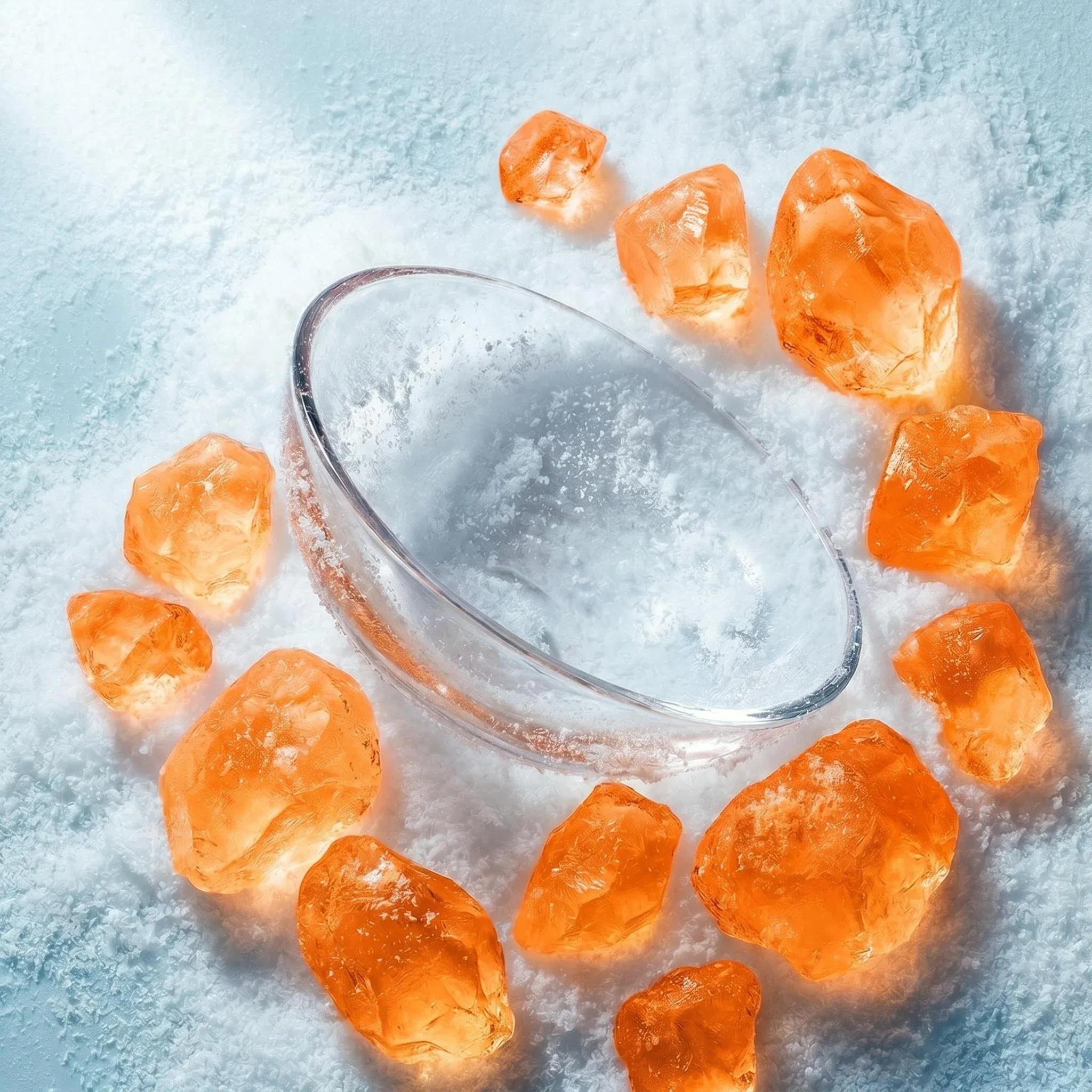 Top-down macro product photo of a clear contact lens half submerged in white sea-salt powder surrounded by glowing orange rock-candy crystals on a frosty blue-white surface