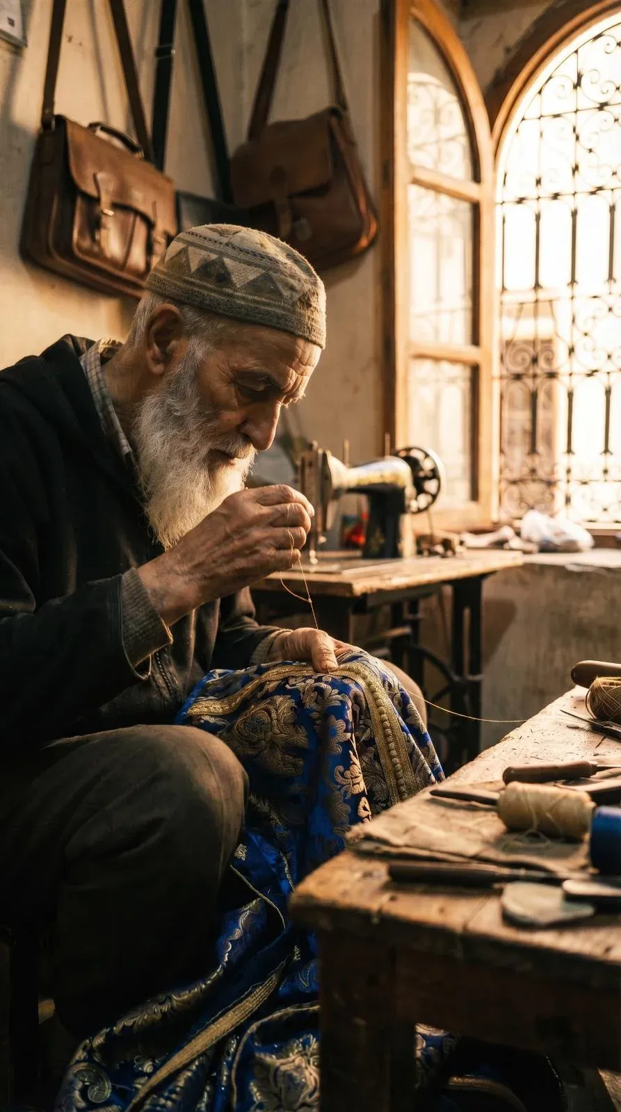 Photoreal elderly bearded man in a white embroidered prayer cap sitting at a vintage Singer sewing machine in a sunlit Middle Eastern workshop, stitching a blue and gold embroidered tapestry by hand