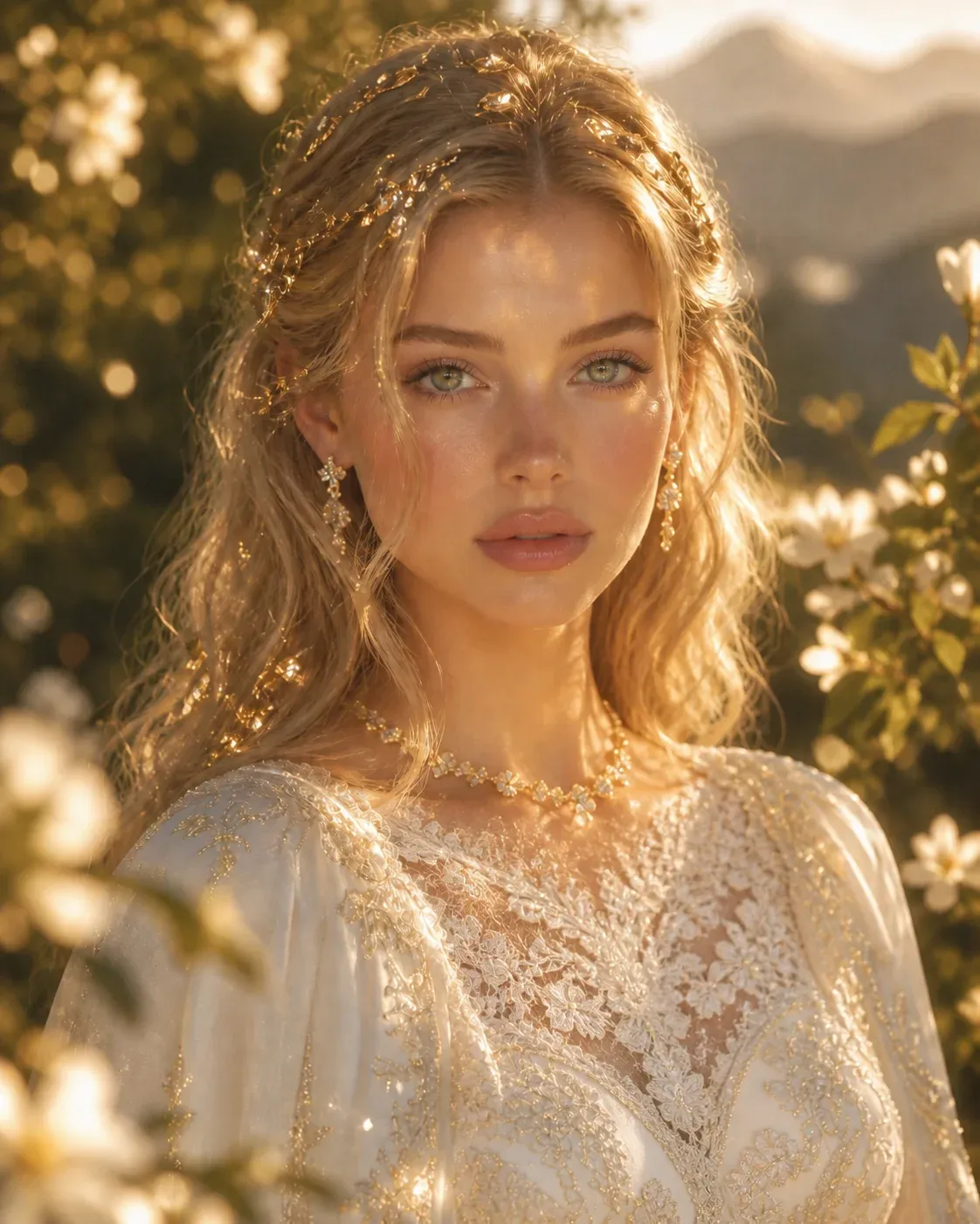 Soft golden hour portrait of a blonde woman in a delicate cream lace dress with intricate gold floral hair vines, standing in a sunlit meadow of white wildflowers with hazy mountains behind