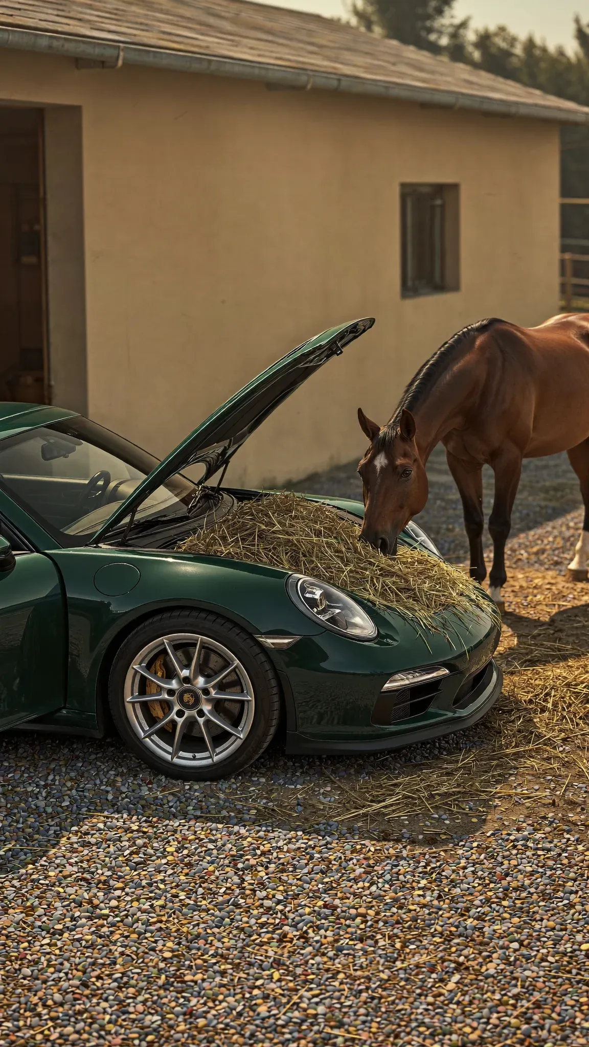 Photoreal forest-green vintage Porsche 911 with its bonnet open while a brown horse calmly eats hay out of the engine bay on a rural barn driveway at sunset
