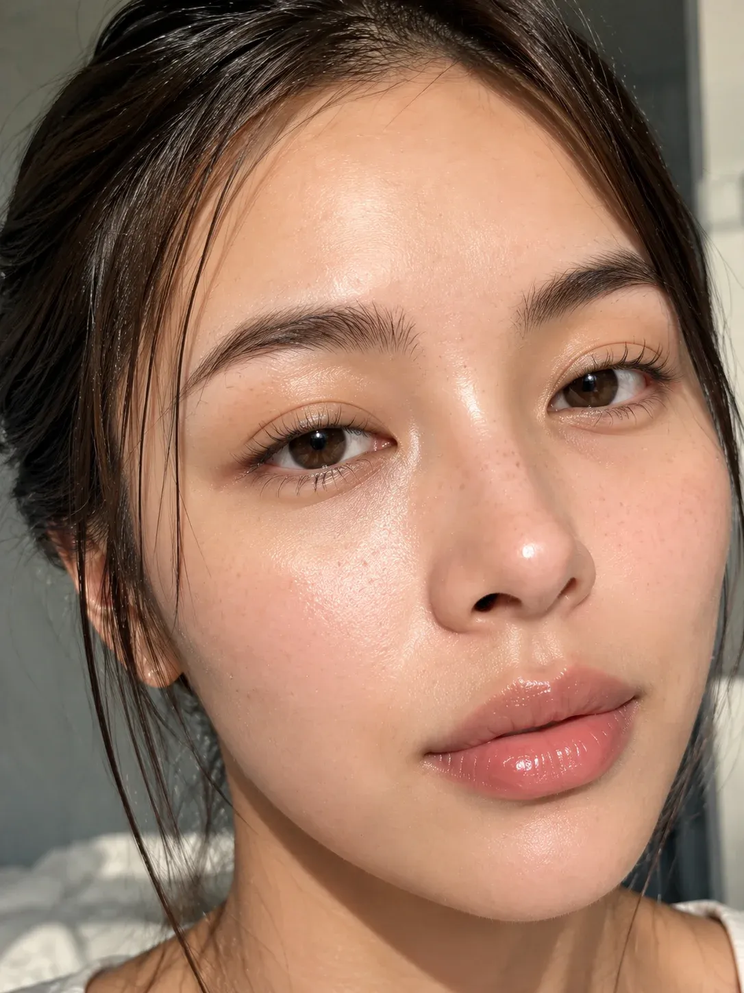 Ultra-realistic selfie close-up of a young East Asian woman with sunlit dewy skin, faint freckles, glossy lips and a single loose strand of hair