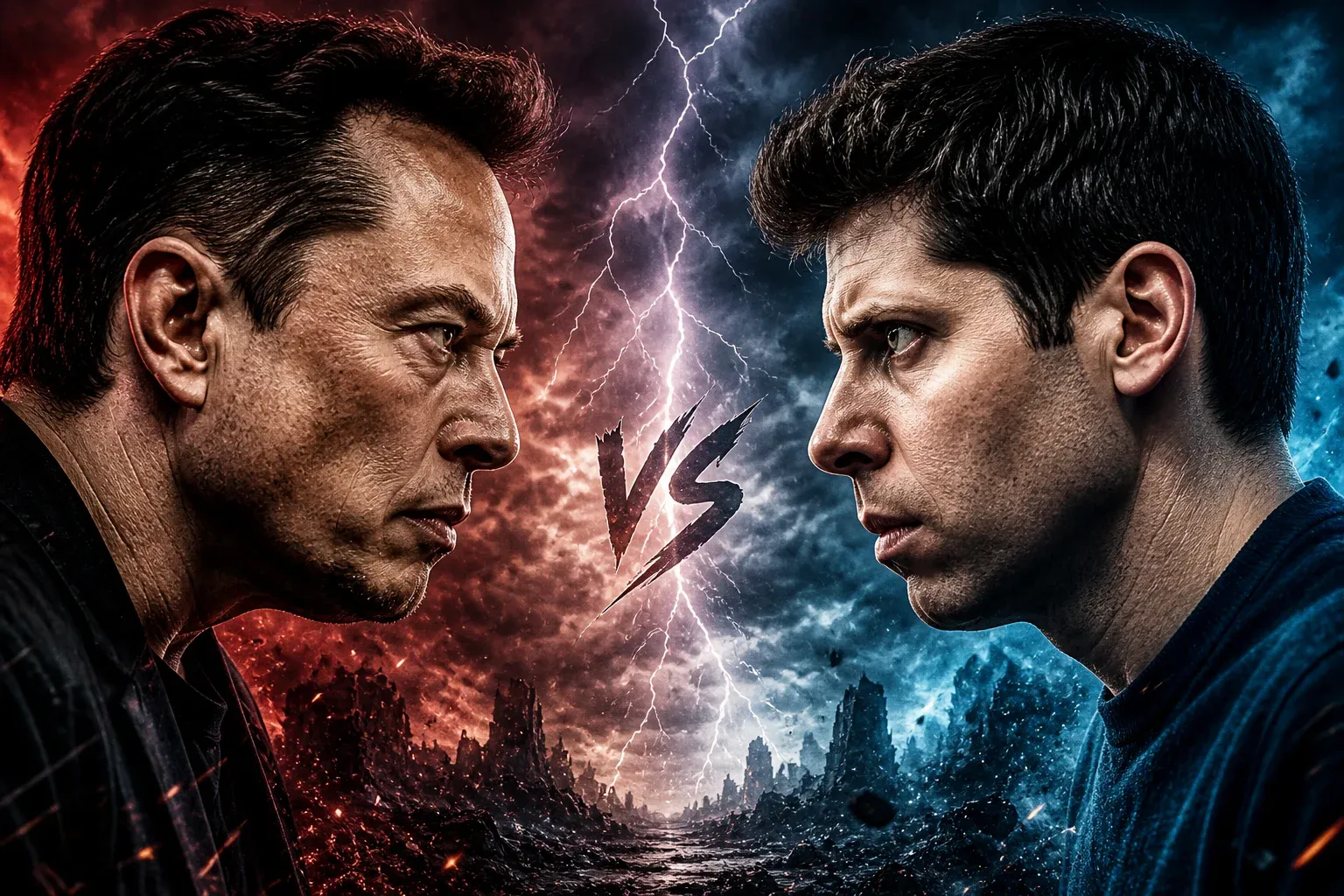 Dramatic AI face-off poster - Elon Musk silhouetted against red apocalyptic clouds on the left versus Sam Altman against blue clouds on the right, jagged lightning splitting them with a VS in the middle