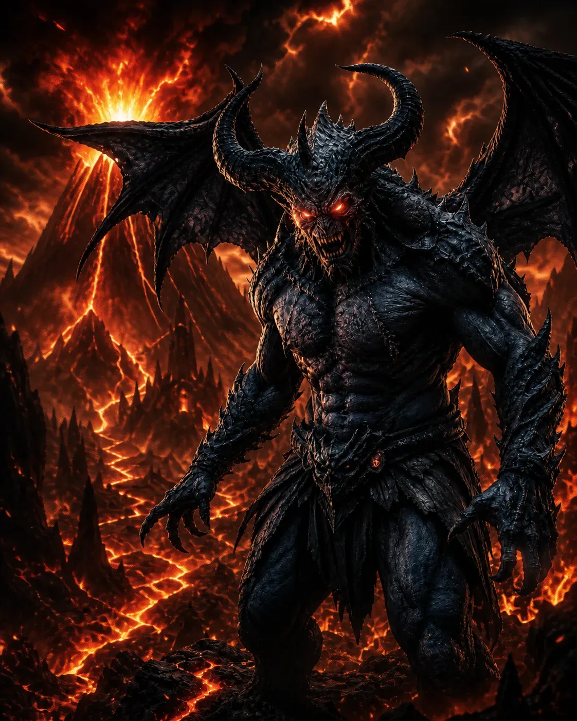 Cinematic dark fantasy portrait of a hulking horned black demon with bat wings and glowing red eyes standing in a volcanic hellscape of erupting lava and jagged rock
