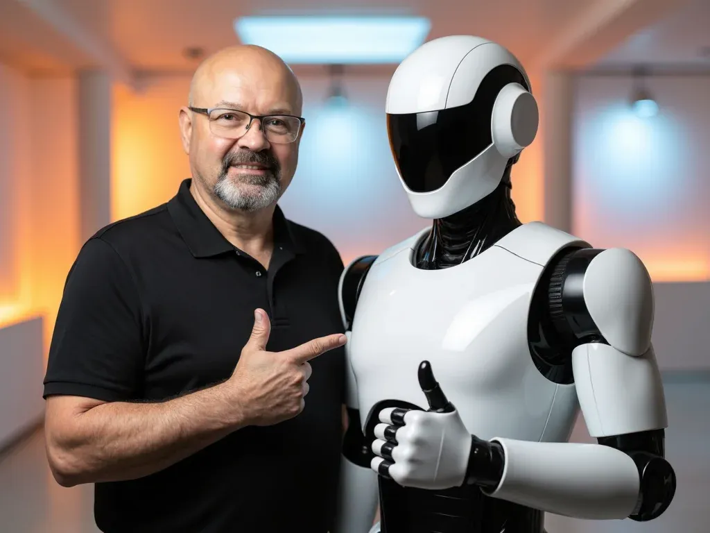 Photoreal smiling middle-aged man in a black polo shirt and glasses standing next to a sleek white humanoid robot, both giving thumbs up under warm studio spotlights