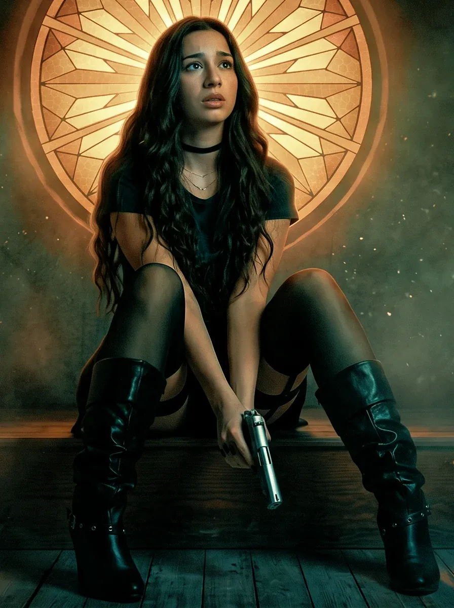 Cinematic portrait The Hit - young dark-haired woman in a black t-shirt and thigh-high boots crouching with a small pistol against a stained glass church window backdrop