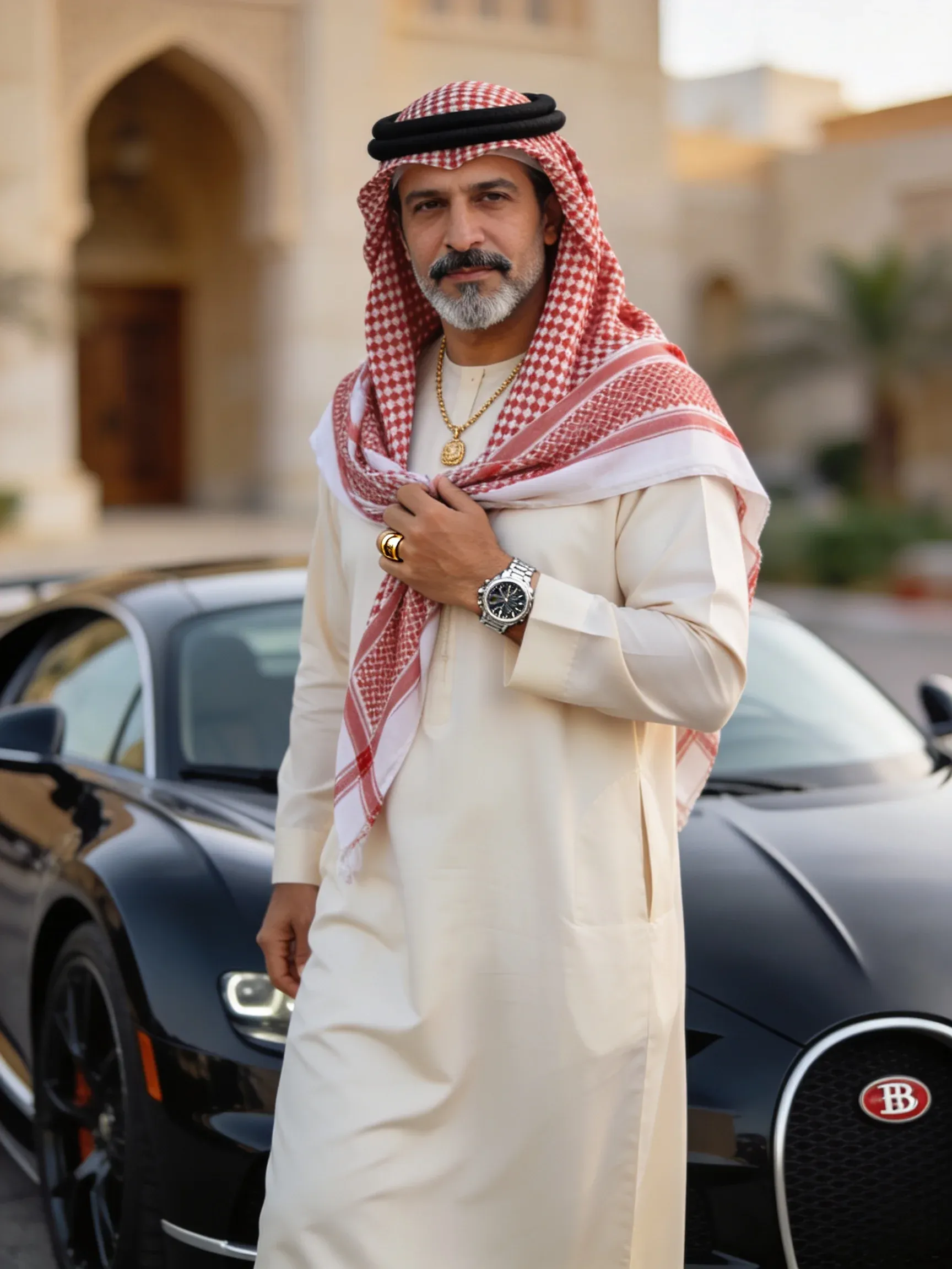 Photoreal portrait of a man in a white thawb and red checkered keffiyeh standing in front of a black Bugatti Chiron outside an Arabian-style arched stone building