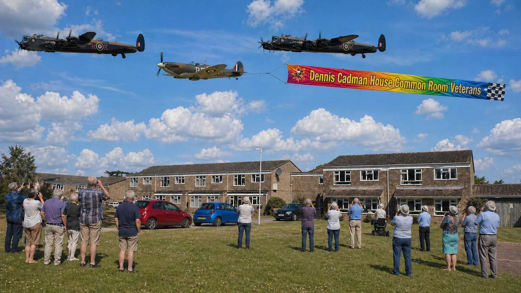 WWII Avro Lancaster bombers and a Hurricane fighter flying low over a row of British retirement-home houses with a banner reading Dennis Cadman House Common Room Veterans while residents wave from below