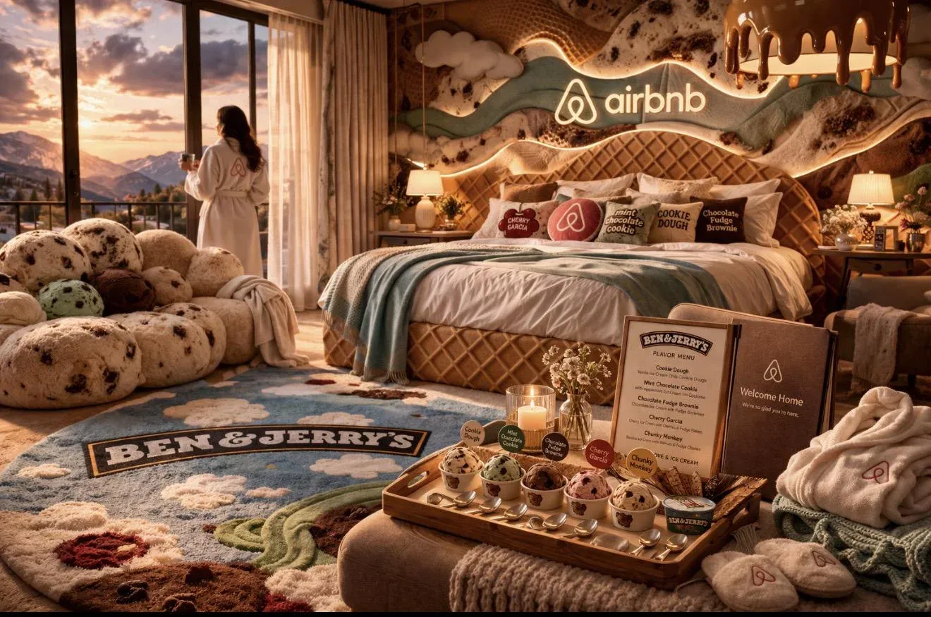 Sunset Airbnb bedroom themed entirely as a Ben and Jerrys ice cream parlour - giant ice cream scoop pillows, dripping cookie wallpaper, flavour menu, ice cream tubs on bedside table, Ben and Jerrys logo rug