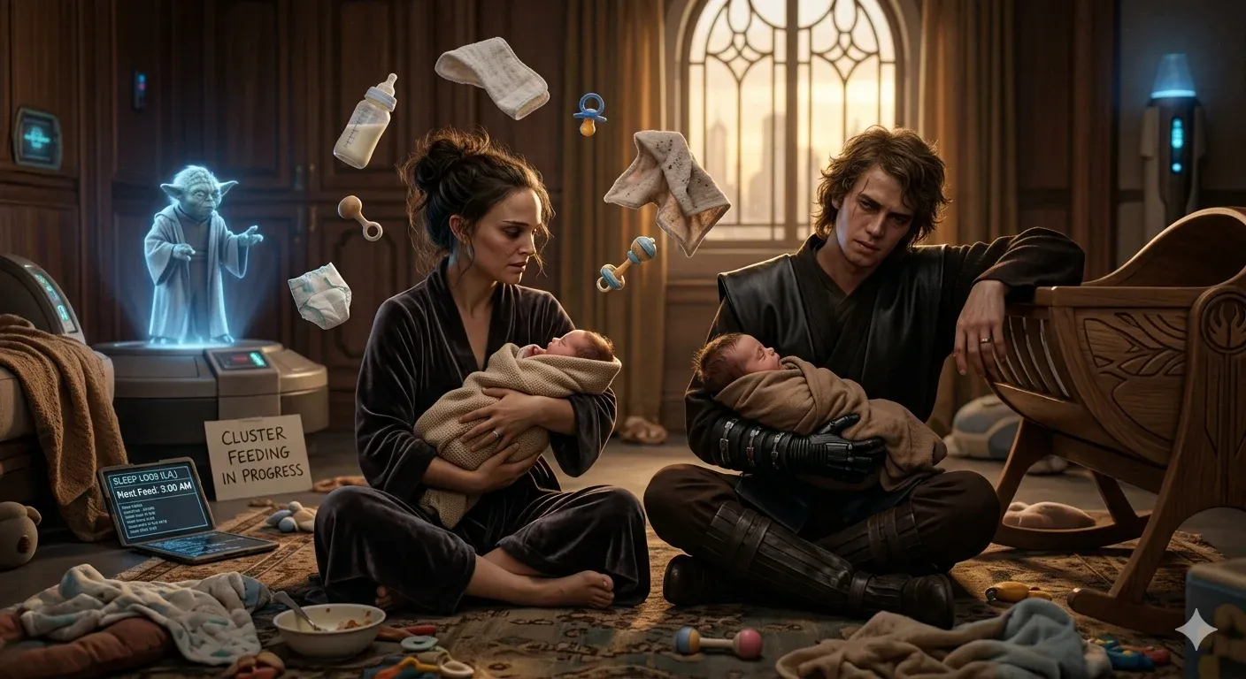 Star Wars Anakin and Padme reimagined - Padme in a black dress cradling newborn twins on a Persian rug beside a brooding Anakin, with ghostly Obi-Wan hologram and scattered baby essentials on the floor