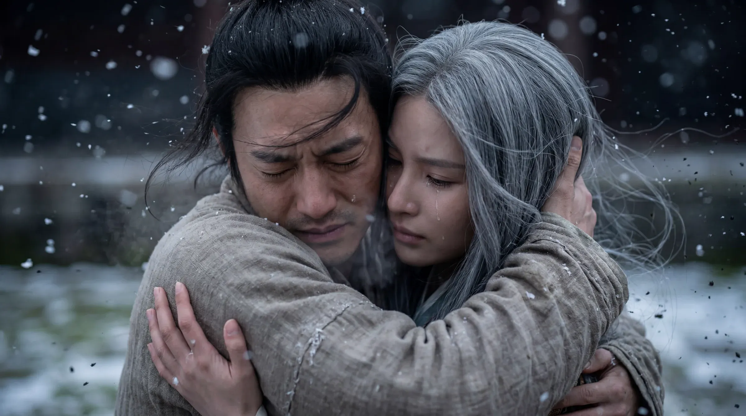 Cinematic emotional close-up of an Asian warrior in beige linen robes embracing a silver-haired woman in soft falling snow, tears streaming down his face