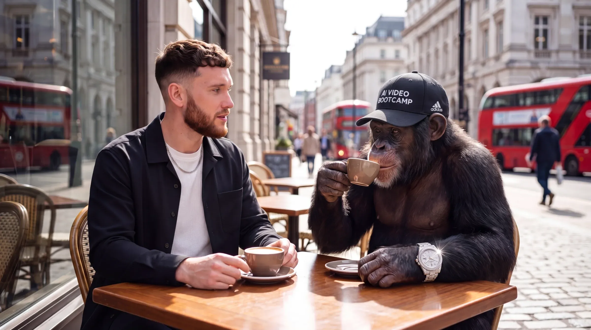 Hyperreal chimpanzee wearing a black AI Video Bootcamp cap drinking espresso across a London cafe table from a man, red double-decker buses passing on the street behind