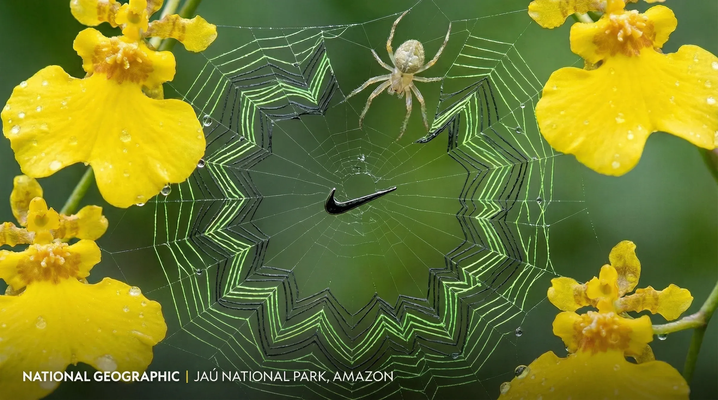 National Geographic style nature photo - a tropical orchid spider in the Amazon weaving its web in the exact shape of the Nike swoosh logo with green threading, surrounded by bright yellow orchids