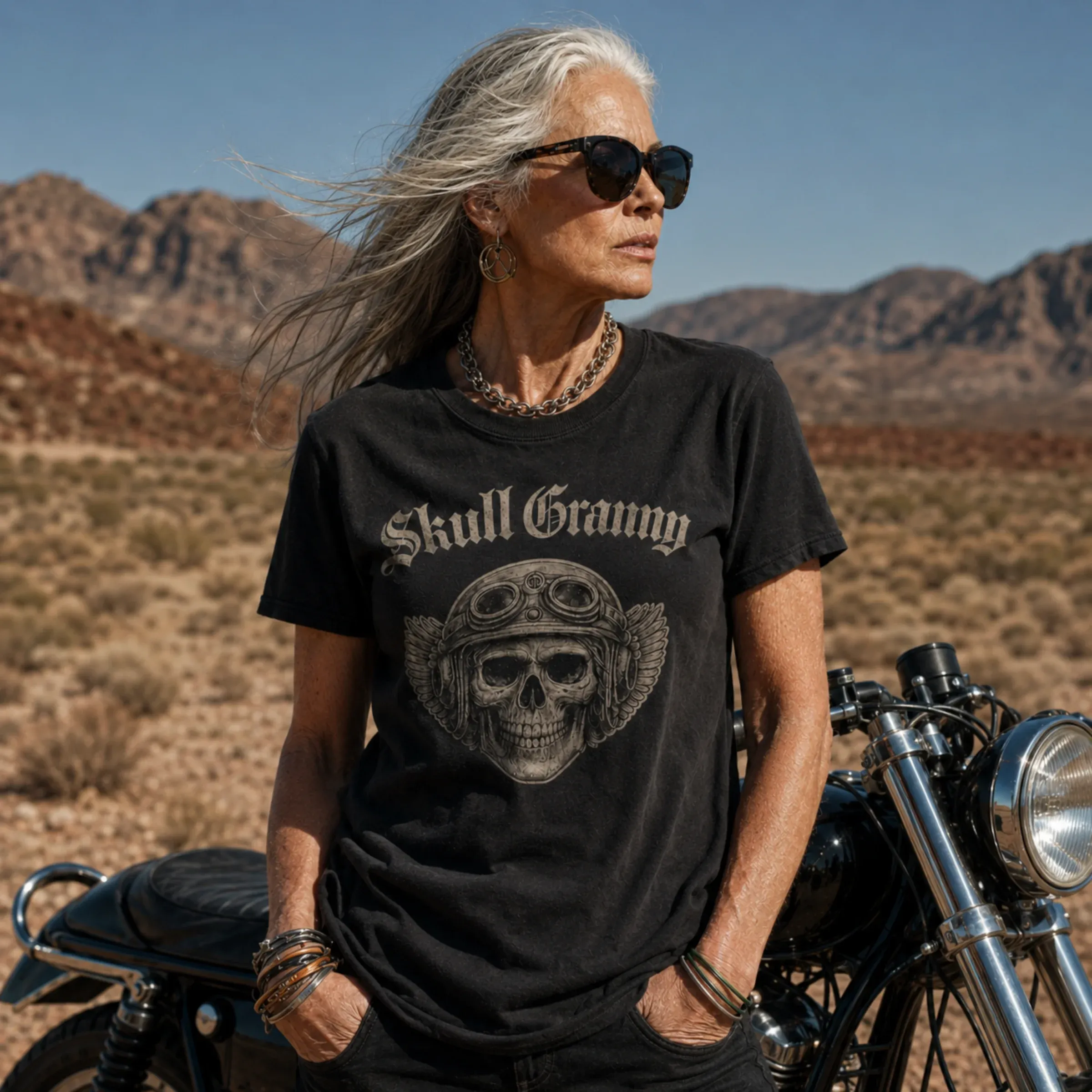 Photoreal silver-haired older woman in sunglasses, chain necklace and a black Skull Granny graphic tee leaning on a vintage cafe-racer motorcycle in a sunlit desert with red rock mountains behind