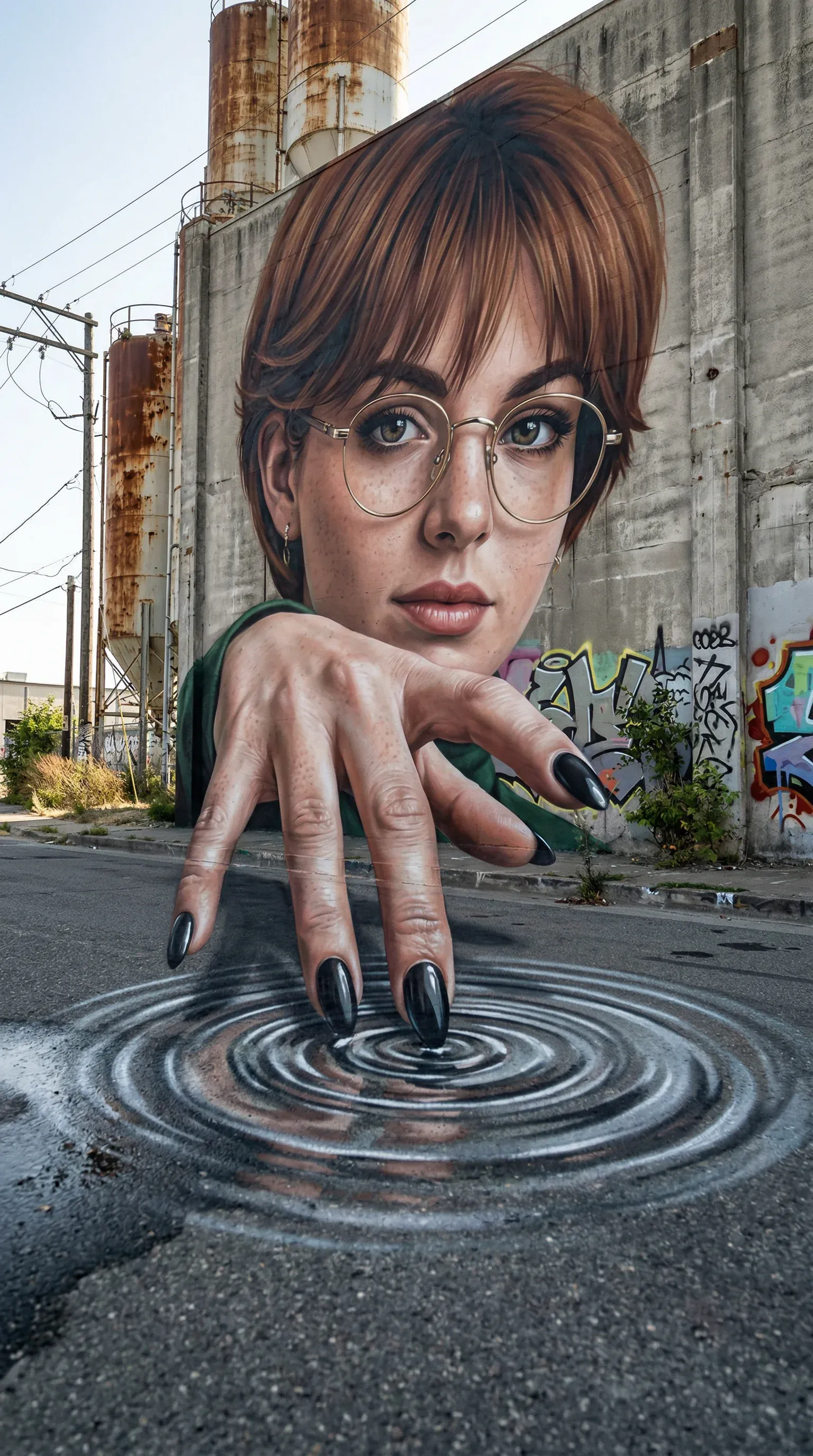 Hyperreal photorealistic mural of a young woman with a brown bob and round glasses painted on a concrete factory wall, her painted hand reaching down into a real water puddle below