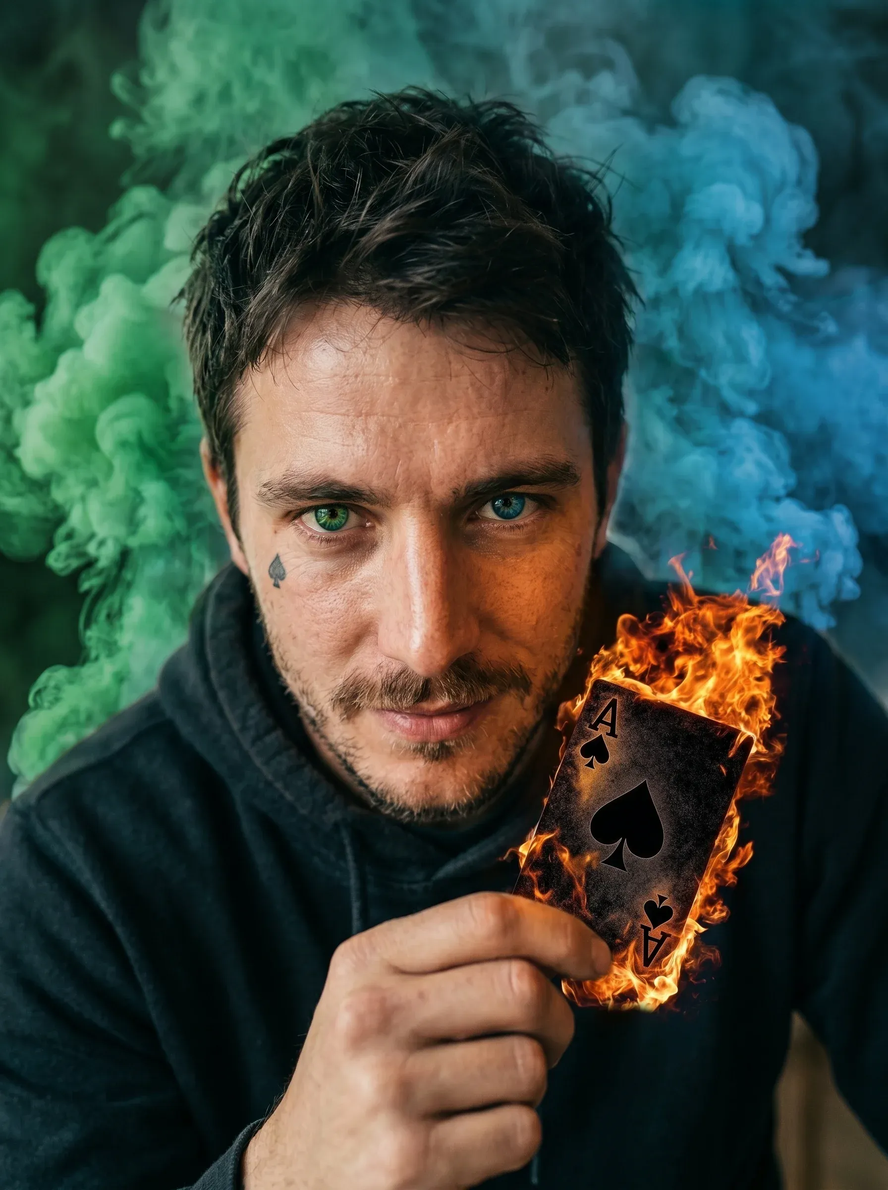 Moody portrait of a man with a small face tattoo and stubble holding a flaming Ace of Spades playing card while green and blue smoke swirls around his head