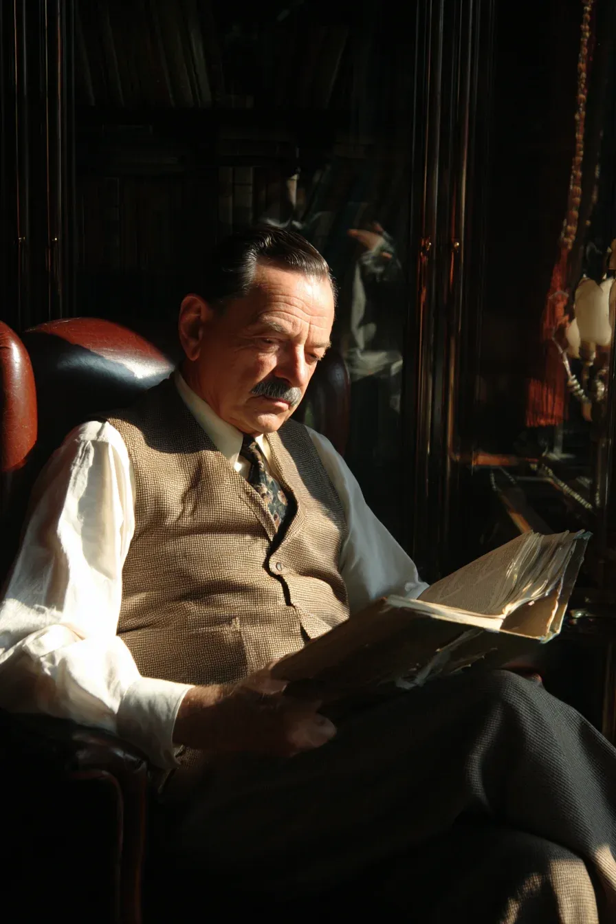 Moody candle-lit portrait of a 1950s Oxford University professor in a brown sweater vest reading a book by warm window sunlight in a dark leather library chair
