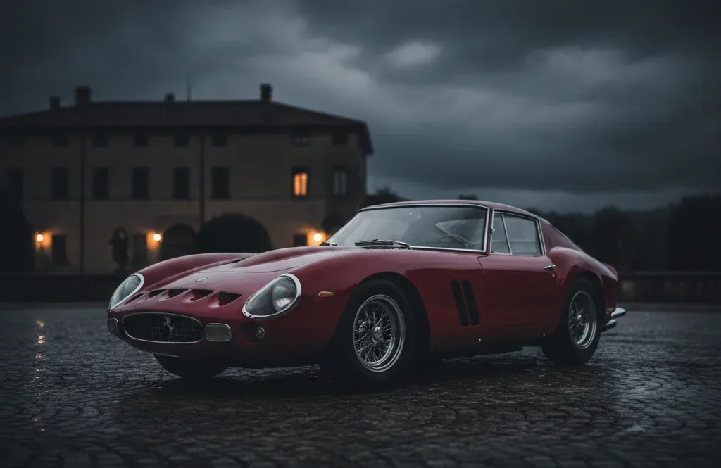 Cinematic photoreal vintage 1960s Ferrari 250 GTO in deep red parked at dusk outside an Italian palazzo, slick wet cobblestones and warm window lights behind