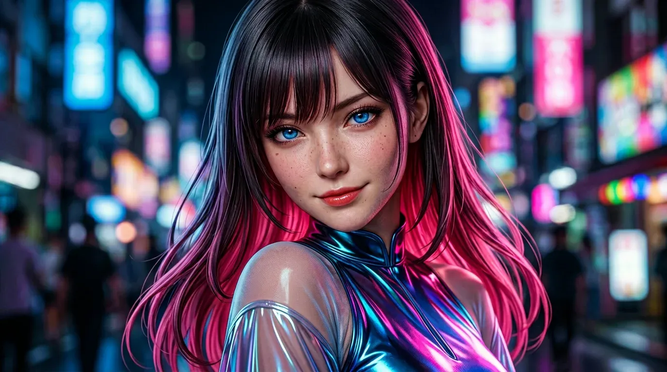 Anime-photoreal hybrid portrait of a smiling young woman with magenta and black streaked hair, large bright blue eyes, holographic chrome top, neon-lit Tokyo signage behind her