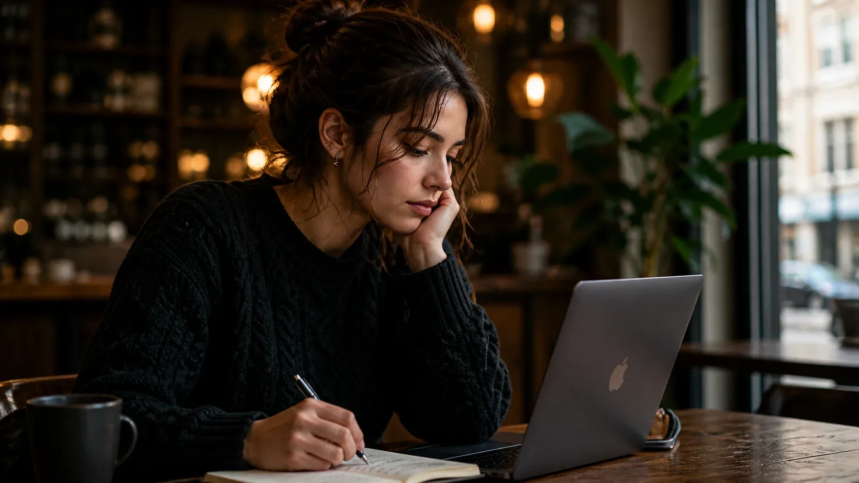 Cosy cafe portrait of a young woman in a black cable-knit sweater with a low bun resting her chin on her hand and writing in a notebook beside an Apple laptop, warm pendant lights and street view behind