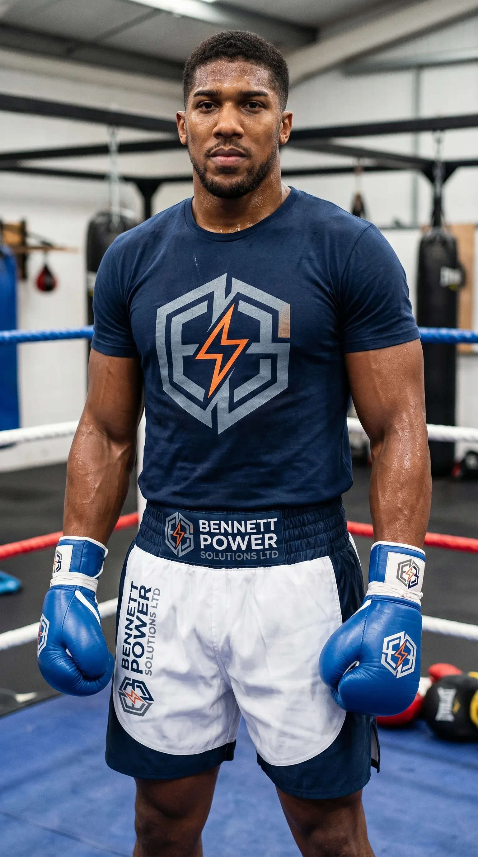 Photoreal portrait of a Black heavyweight boxer in a navy Bennett Power Solutions branded t-shirt and white shorts standing inside a boxing ring with blue gloves and pads, gym bags behind him