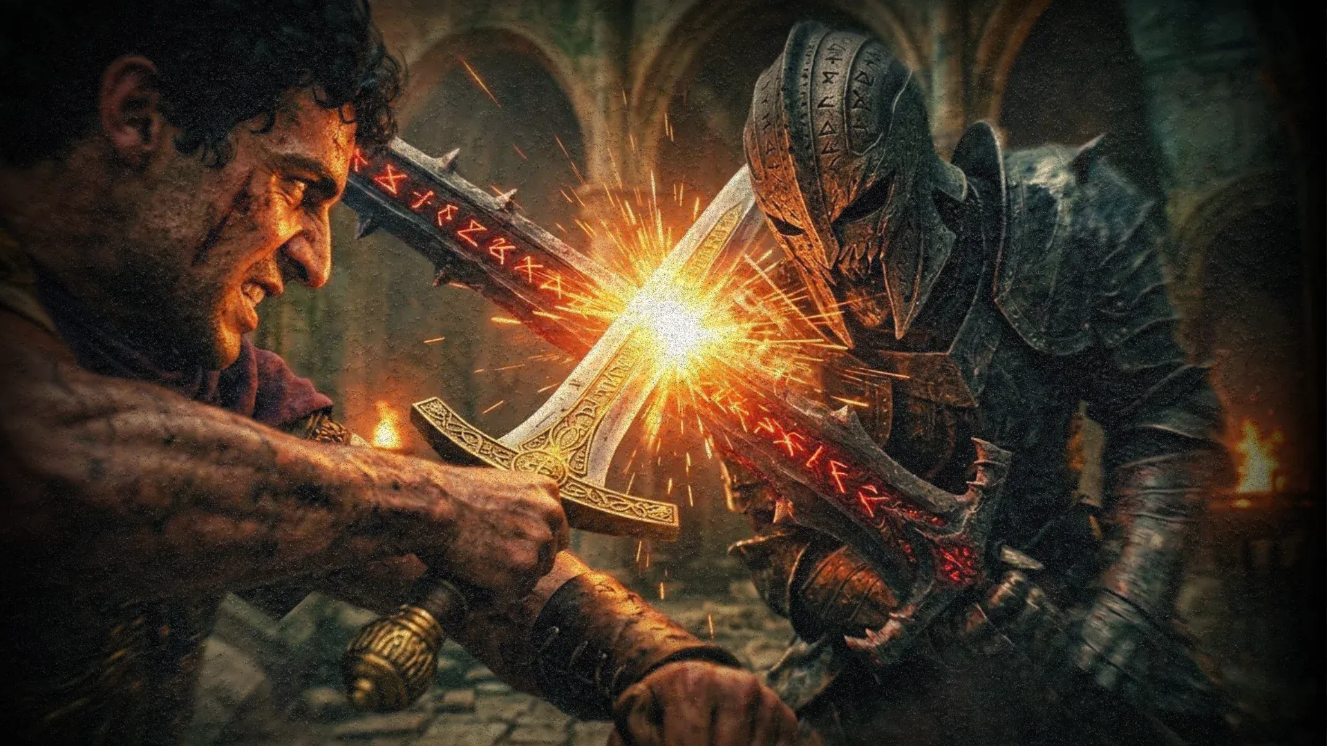 Cinematic fantasy duel - a battle-worn warrior locking blades with a horned demon knight inside a runic stone cathedral, fiery sparks exploding from the impact
