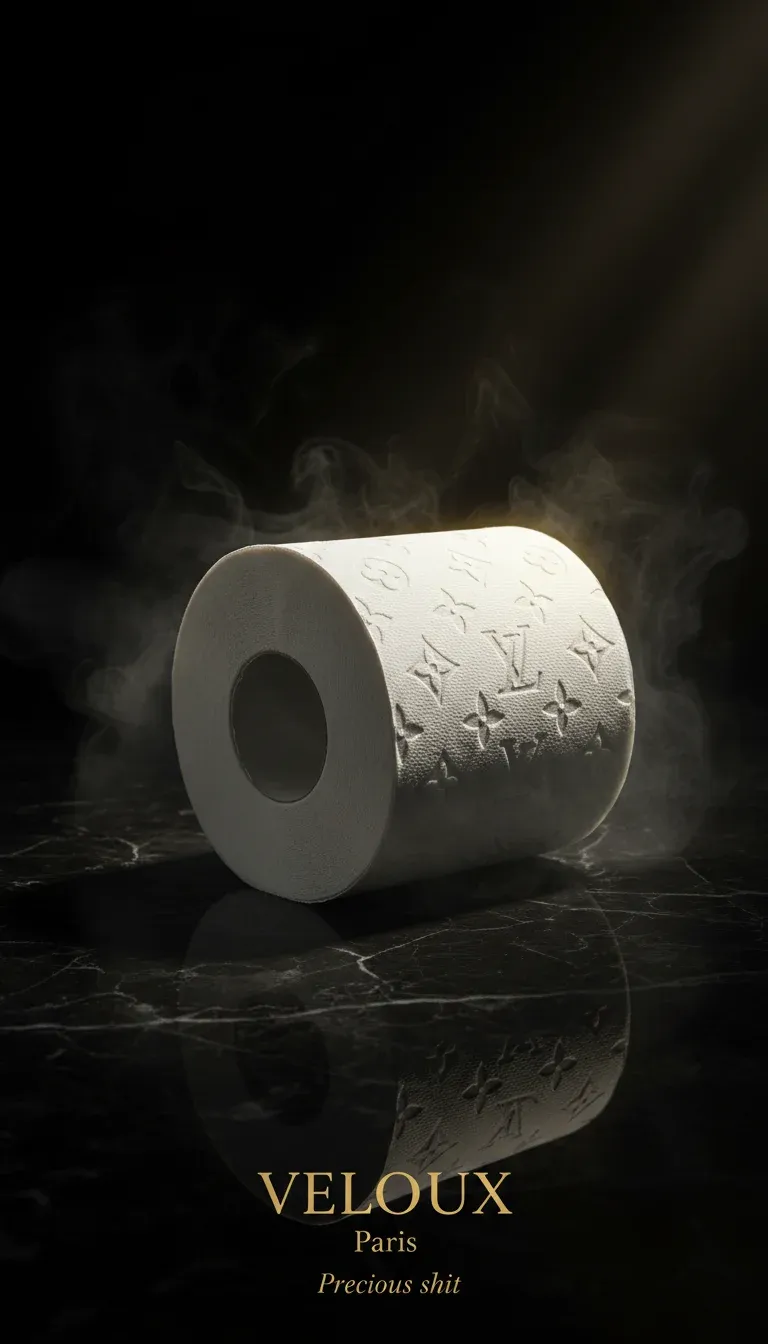 Luxury black marble pedestal product mockup with a single toilet paper roll spotlit on a dark studio backdrop, ironic premium ad by Raphael K