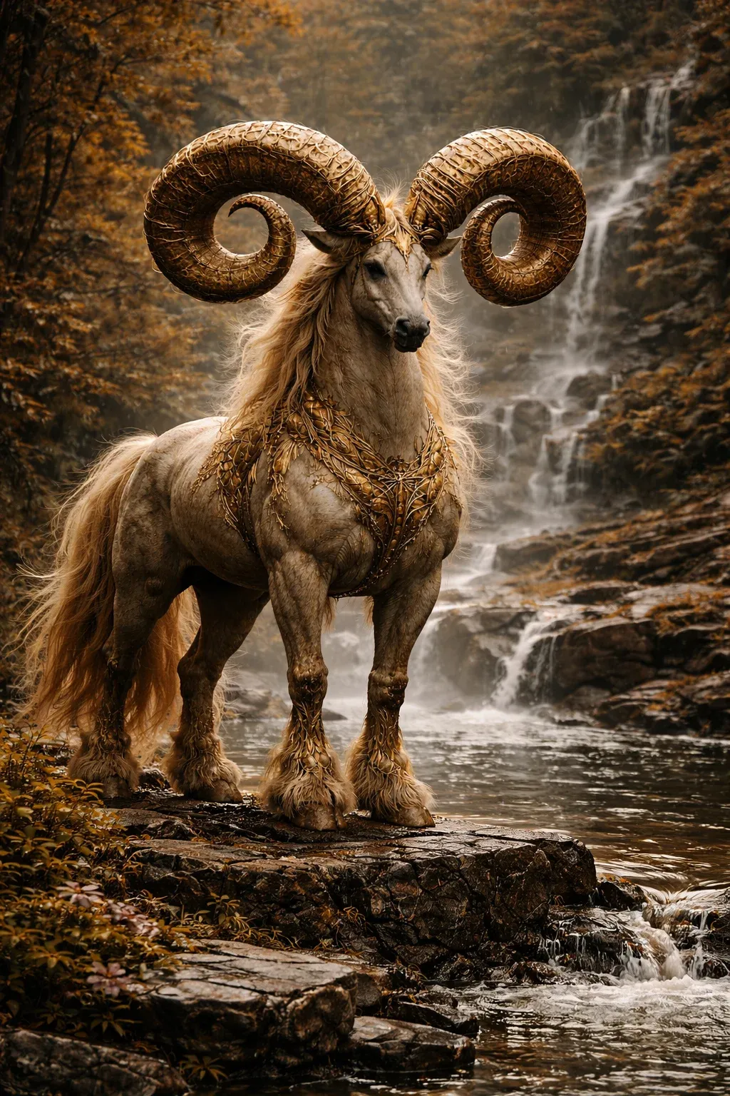 Majestic mythical horse-like beast with massive curling golden rams horns and a flowing golden mane standing on mossy rocks beside a forest waterfall in autumn