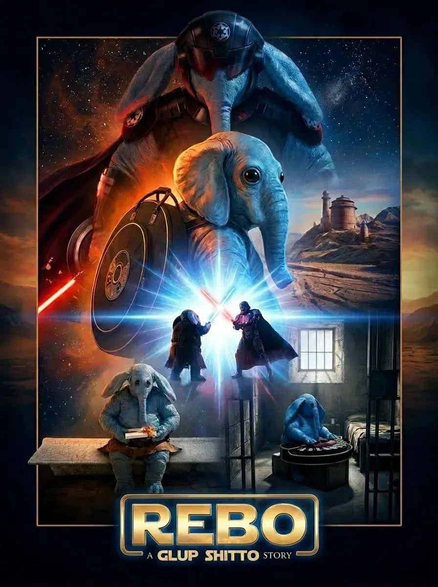Star Wars-style movie poster REBO - A Glup Shitto Story featuring a baby blue elephant Jedi in robes, a Dumbo-eared sidekick, an Imperial elephant officer and a lightsaber duel on Tatooine