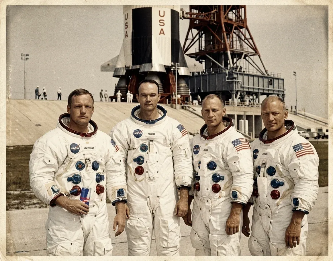 Vintage National Geographic style portrait of Neil Armstrong and the Apollo 11 crew in white space suits standing in front of the Saturn V rocket launch tower at Cape Canaveral