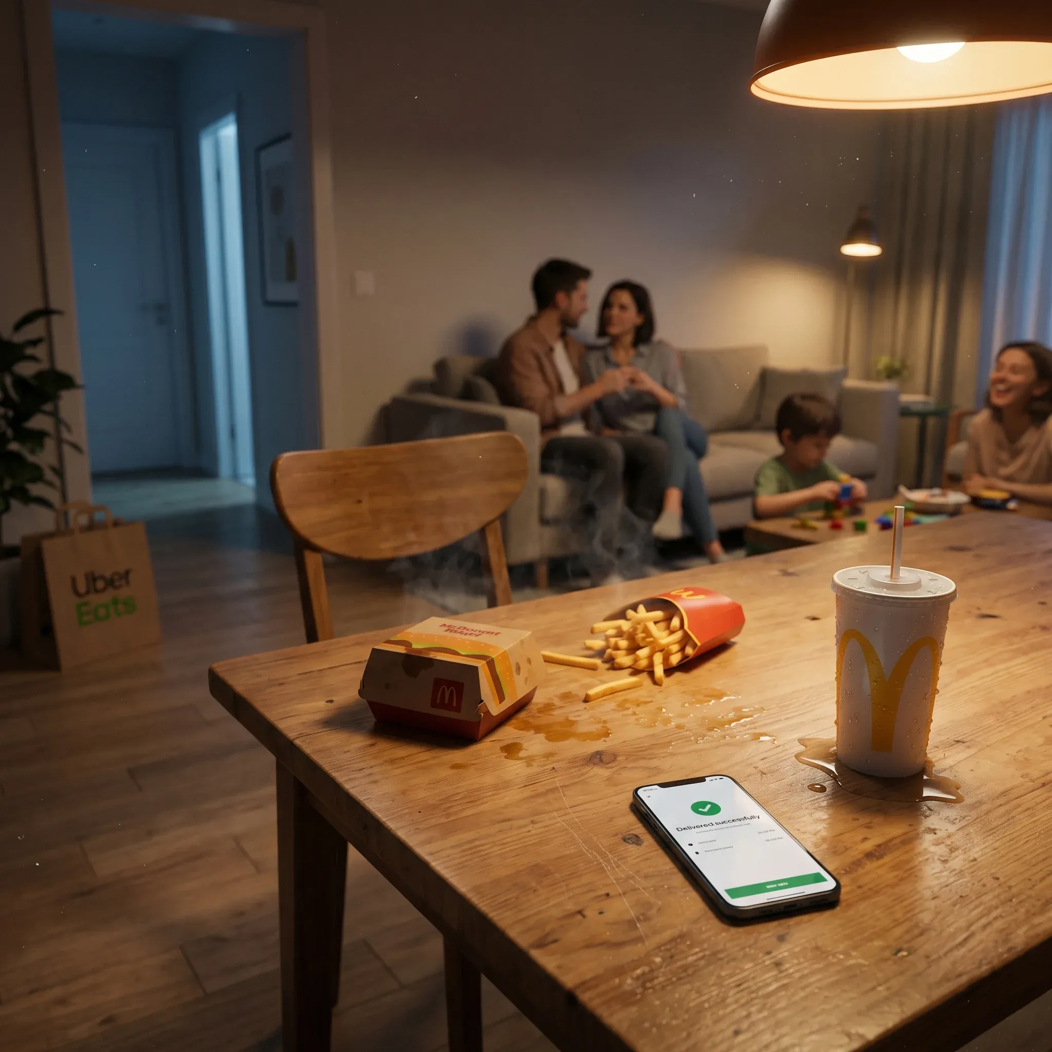 Cinematic indoor scene of a family receiving an Uber Eats McDonalds delivery at home - spilled French fries on the table, a kid playing with toys, parents on the sofa, warm pendant light glow