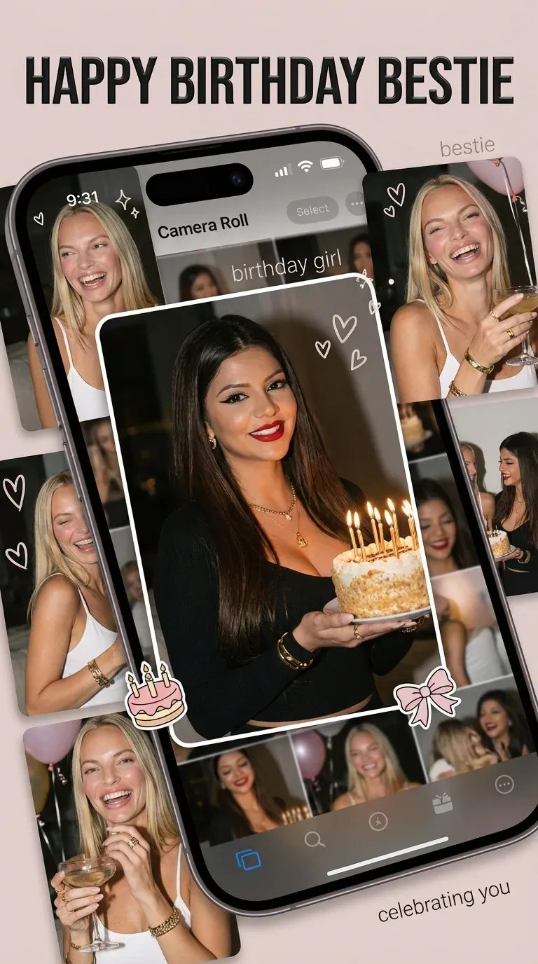 HAPPY BIRTHDAY BESTIE digital greeting collage of polaroid-style iPhone selfies of two best friends around a central photo of a smiling brunette holding a lit birthday cake