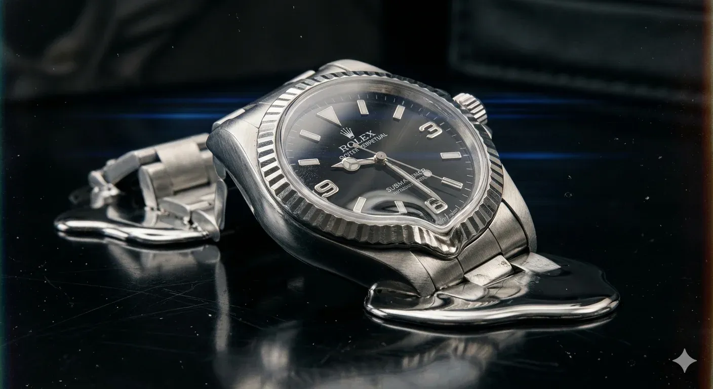 Studio product photo of a luxury Rolex Datejust watch face-down on a black leather strap on dark glossy surface with subtle blue lens flare