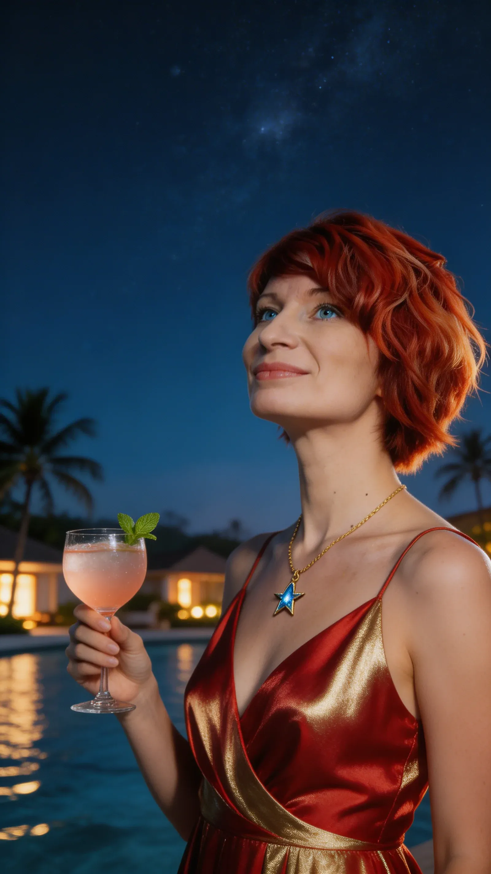 AI avatar self-portrait - a smiling red-haired woman in a red and gold satin dress holding a pink star cocktail at a tropical beach resort with palm trees under a starry night sky