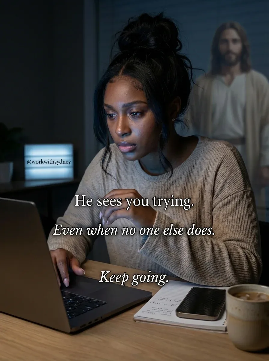 Inspirational AI image of a Black woman at a kitchen laptop with a ghostly translucent Jesus figure standing behind her, overlaid text reads He sees you trying. Even when no one else does. Keep going.