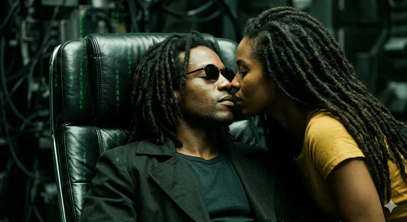 Cinematic close-up of a Black couple with long dreadlocks - the man reclined in a high-tech black leather chair wearing round sunglasses while the woman in a mustard top kisses his cheek, Matrix-style tech behind
