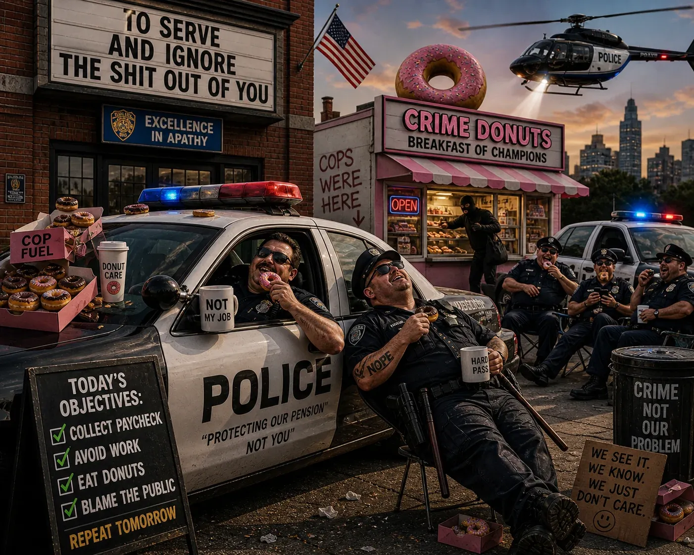 Satirical Crime Donuts diner scene with two grinning cops eating donuts on a police cruiser, signs reading To Serve And Ignore and Cops Were Here, donut bait fuel boxes scattered