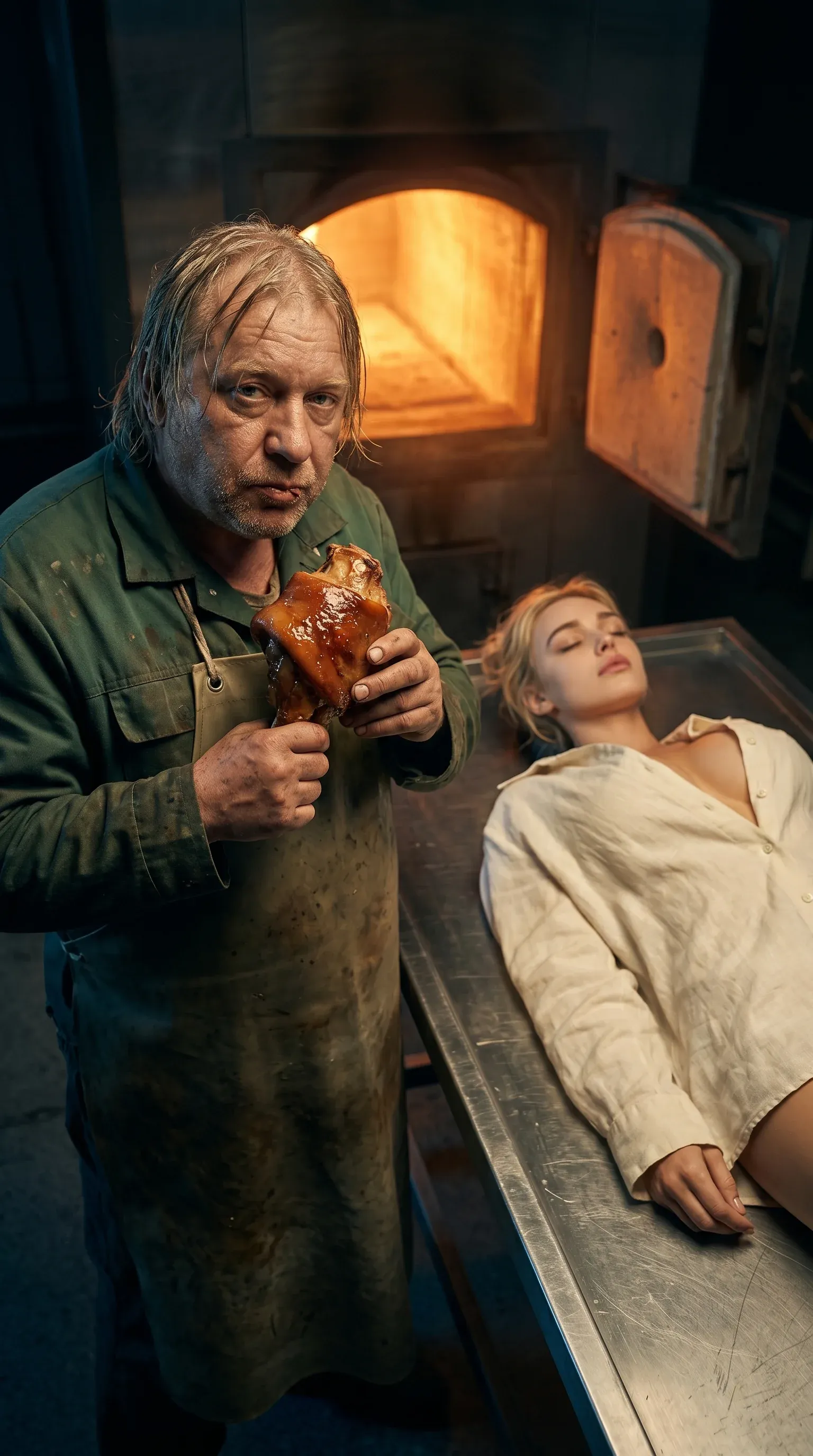 Moody candle-lit scene of a butcher in a dirty green apron holding a roasted pork knuckle next to a young blonde woman lying on a metal preparation table, glowing oven mouth behind him