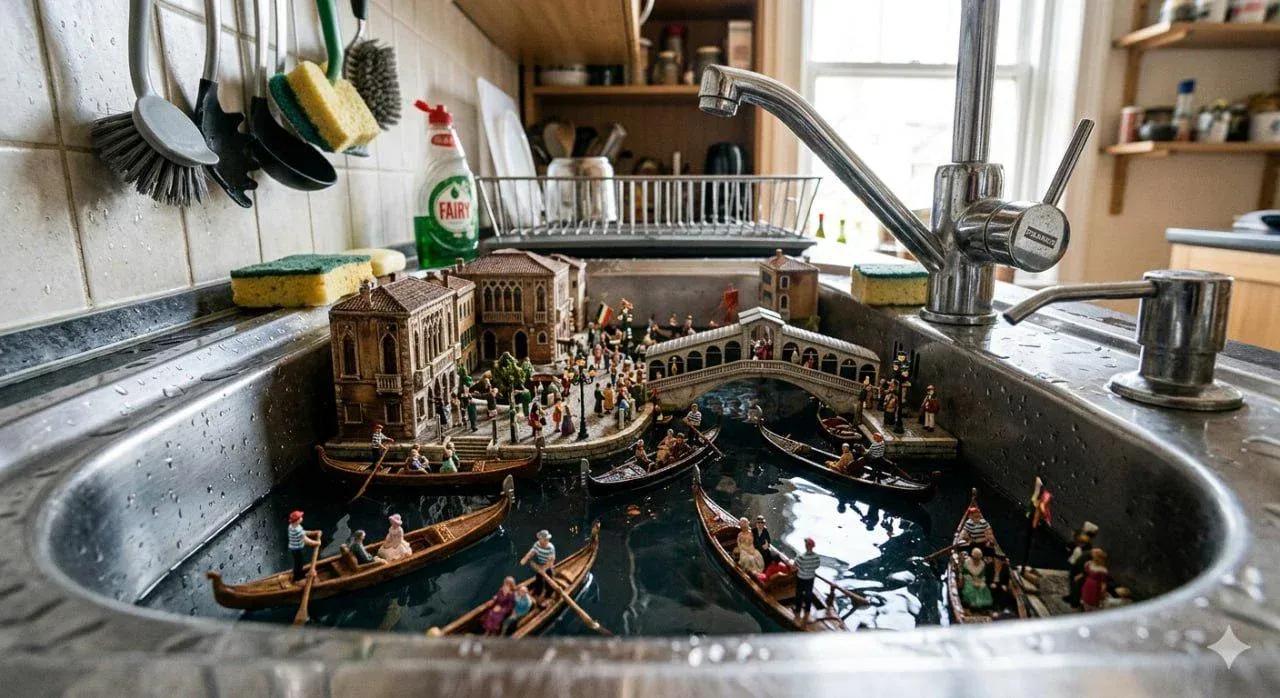 Miniature Venice scene built inside a stainless steel kitchen sink with hand-painted gondolas full of tiny tourists rowing through the basin water, Rialto Bridge replica and Fairy dish soap on the counter