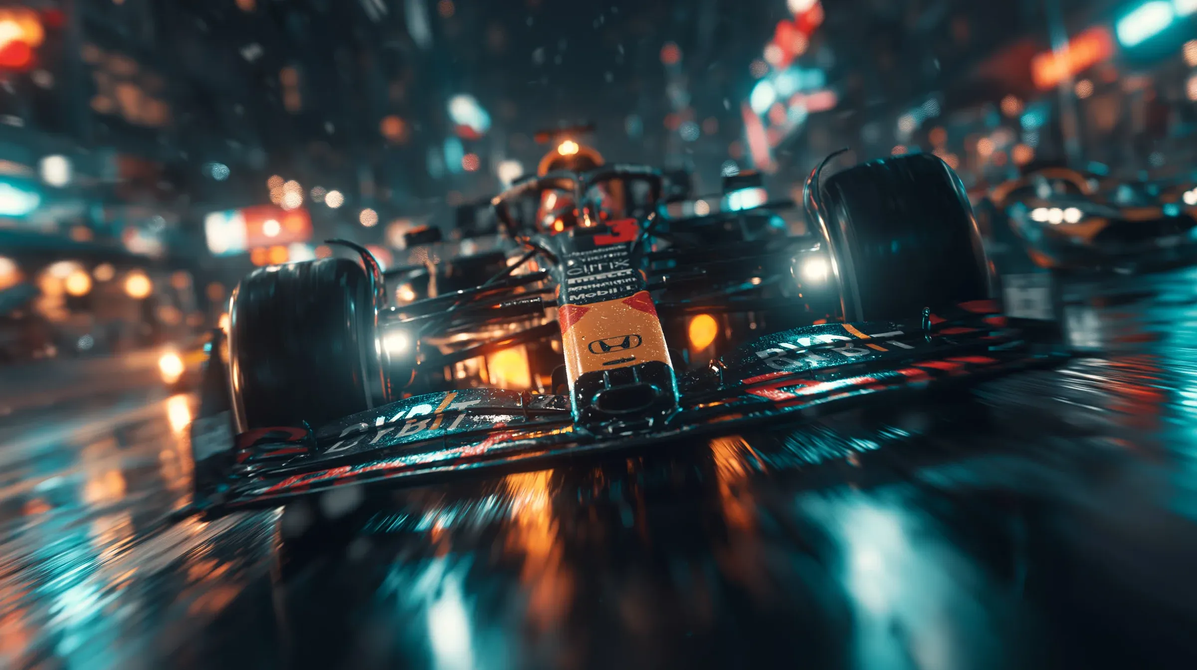 Cinematic close-up of a Red Bull F1 race car blasting through a wet neon-lit city street at night, raindrops suspended in the air around the wheels, blurred lights of competitors behind