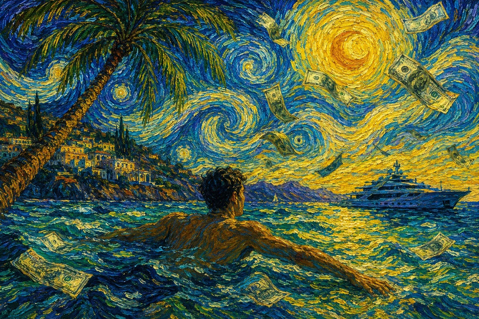 Van Gogh-style oil painting of a swimmer in turquoise waves under a swirling yellow sun with dollar bills falling from the sky and a palm tree leaning over a Mediterranean village