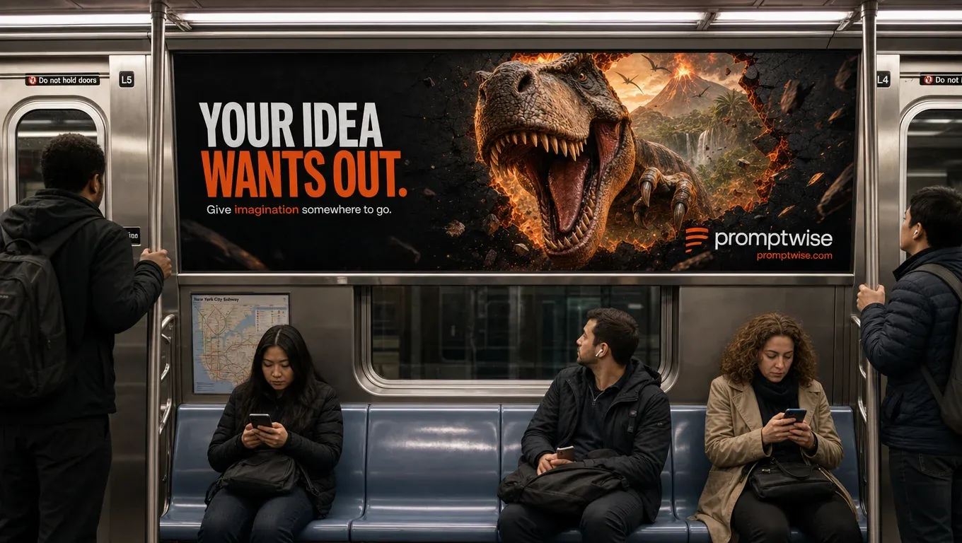 AI-generated NYC subway billboard ad by Timothy Phelps for PromptWise featuring a photoreal dinosaur bursting through the subway car with the tagline Your Idea Wants Out