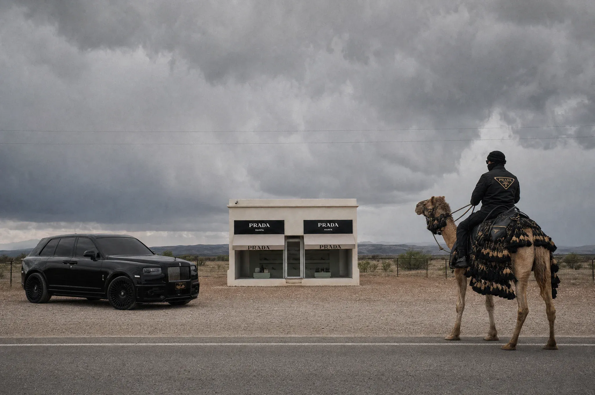 Cinematic photoreal scene of a black Rolls-Royce Cullinan parked beside the Prada Marfa storefront in the Texas desert under stormy grey skies while a man in dark riding gear sits atop a camel beside the road