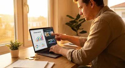 Creative entrepreneur at laptop showing revenue dashboard and AI video editing