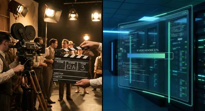 Split screen showing Hollywood movie set and AI video generation interface