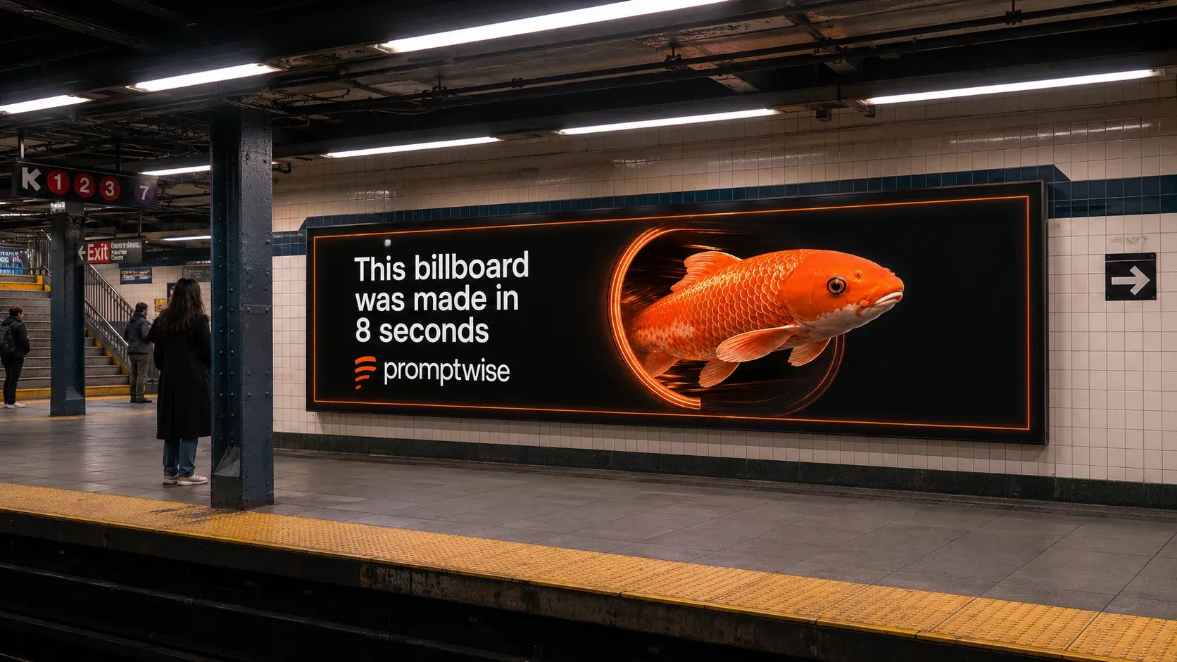 AI-generated NYC subway platform ad by Jose Antonio Gomes for PromptWise featuring a photoreal koi fish billboard with the caption This billboard was made in 8 seconds