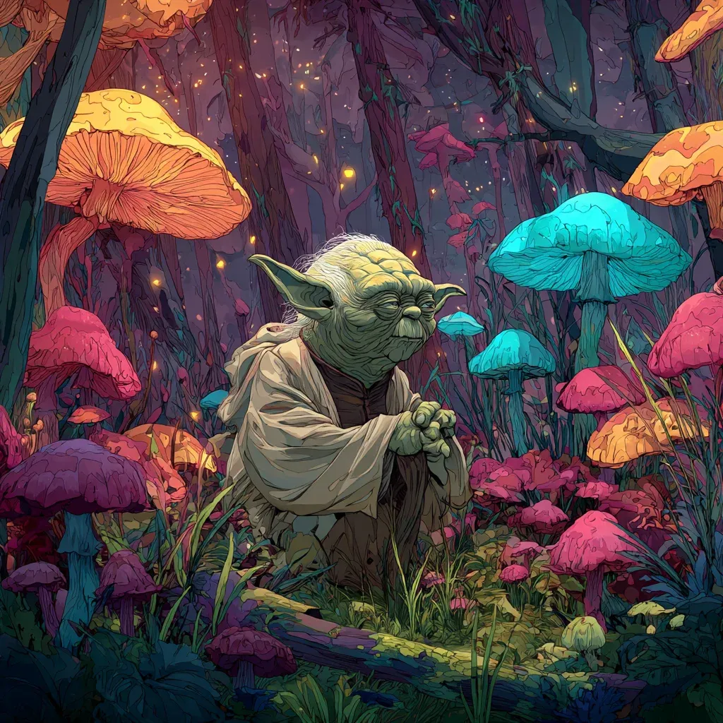 Yoda meditating in a vibrant fantasy forest filled with glowing rainbow-coloured mushrooms in pink, orange and cyan, fireflies and dappled light