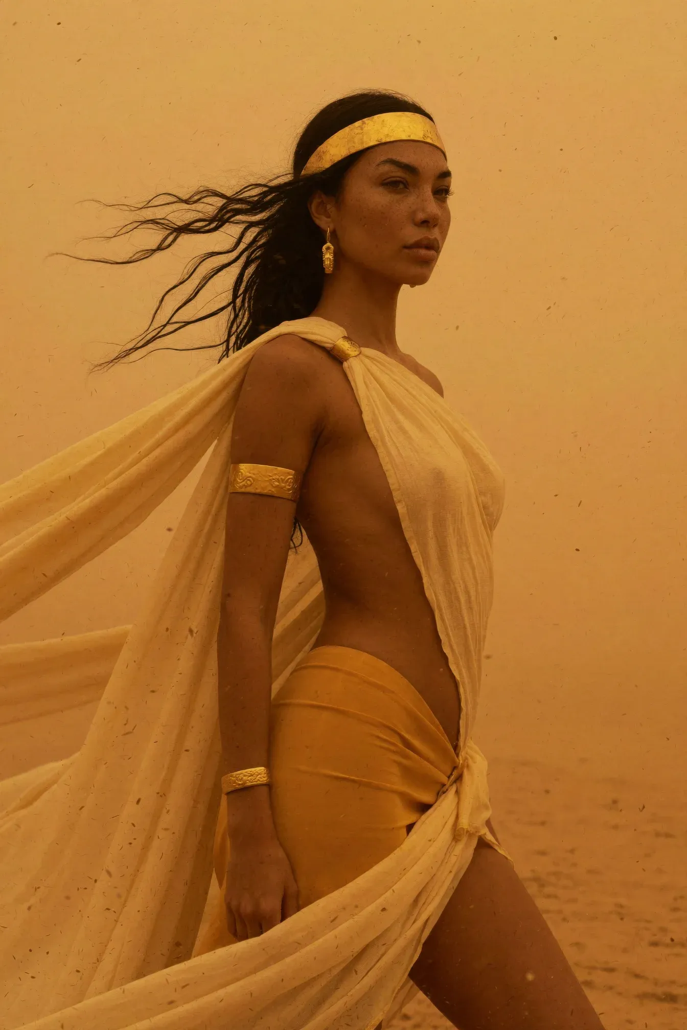 Photoreal portrait of a dark-haired woman in a flowing cream toga with gold cuffs and headband striding through a golden Saharan sandstorm, sand swirling around her hair and dress