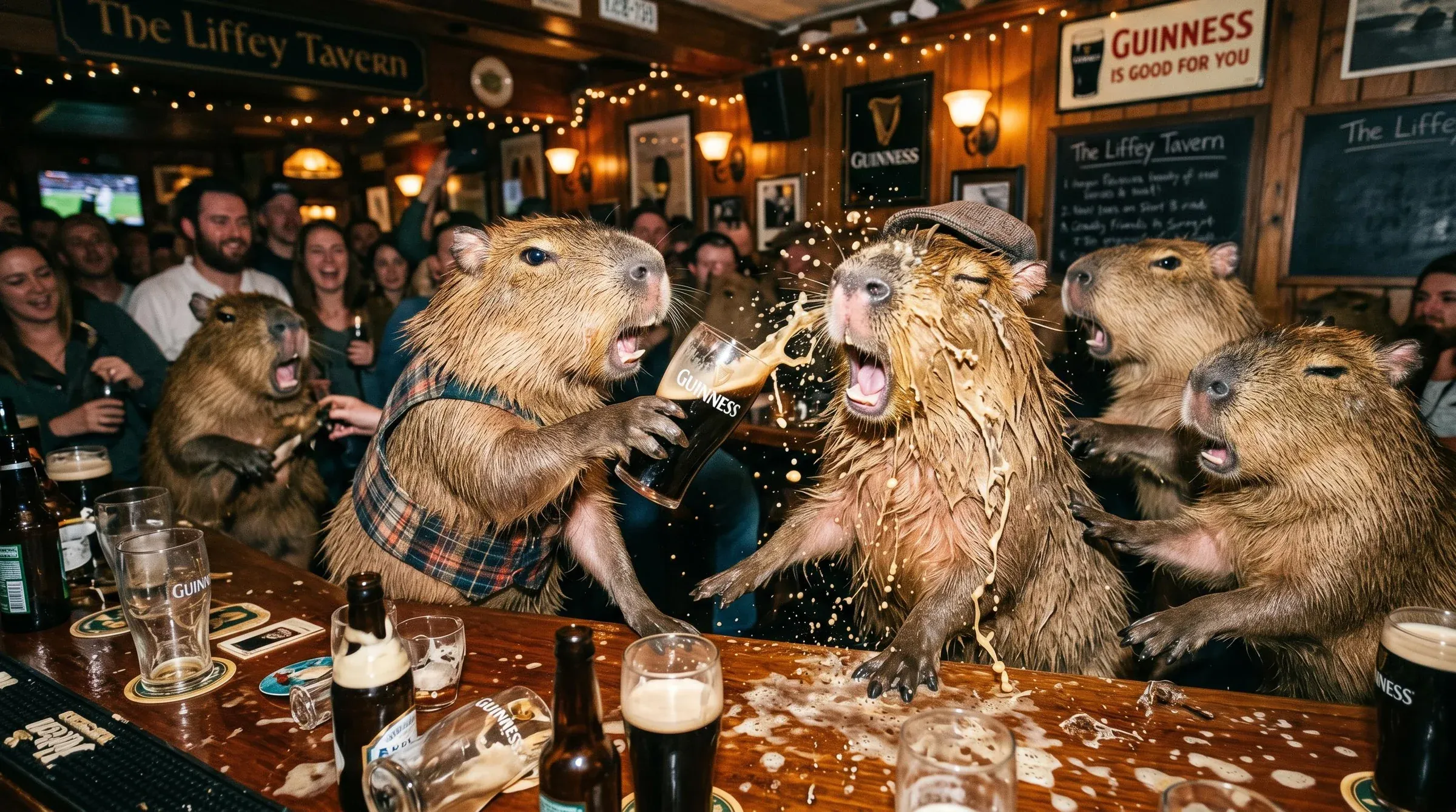 AI-generated chaotic Irish pub scene at The Liffey Tavern with five capybaras drinking Guinness pints, beer splashing across the bar, human patrons cheering