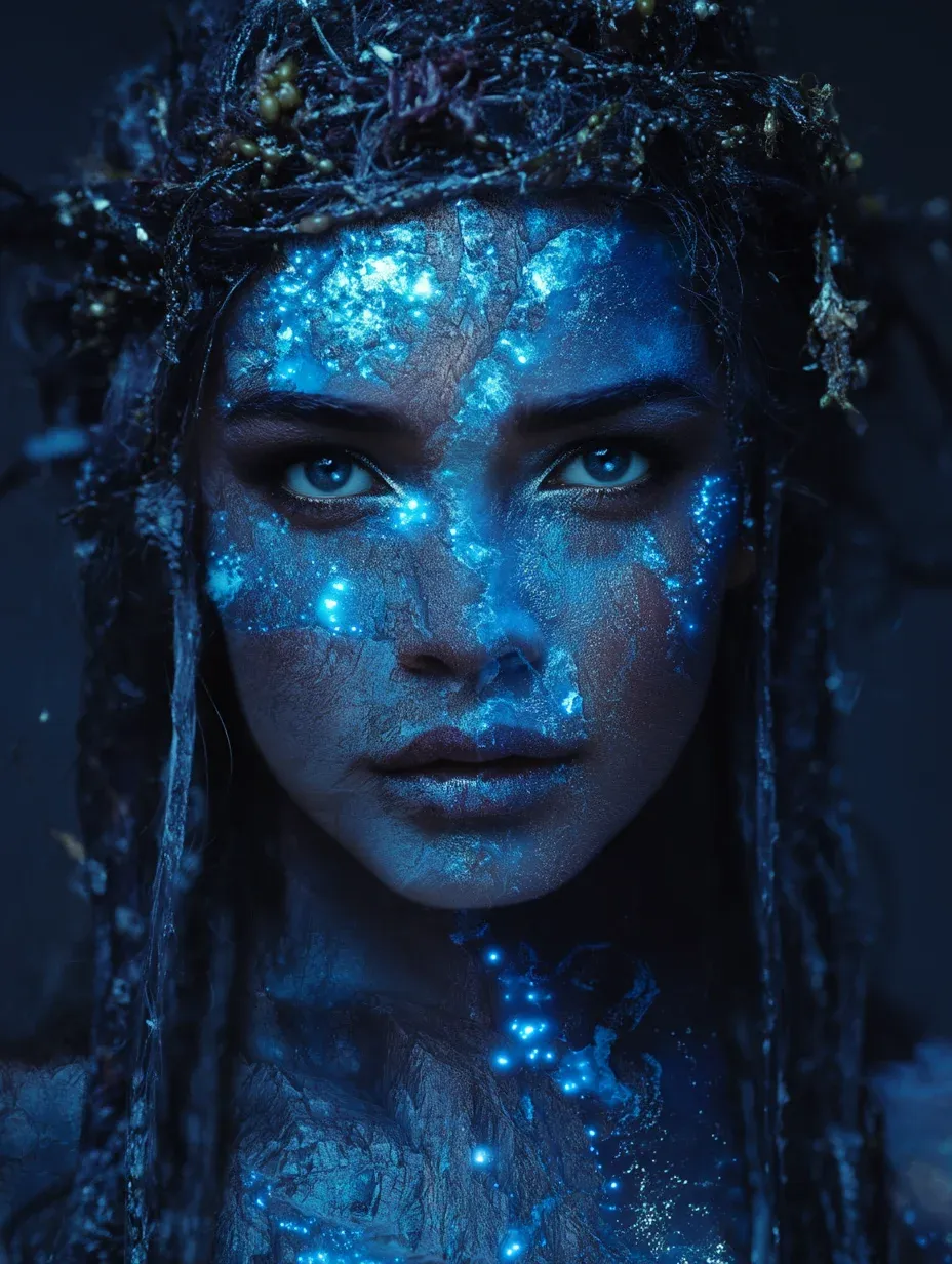 AI portrait of a young woman with dark hair, mossy crown of roots, and her face and shoulders covered in luminous blue galactic glitter and pinprick stars